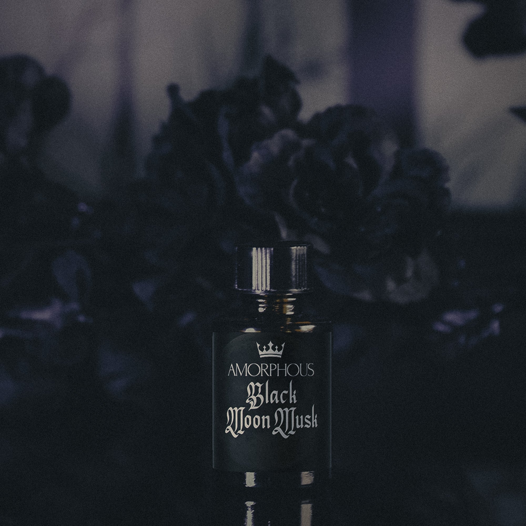 Amorphous Black Moon Musk perfume bottle with dark floral background