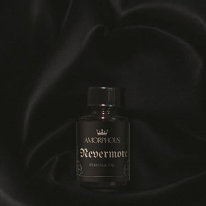 Perfume bottle labeled 'Nevermore' by 'Amorphous' on a dark background
