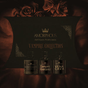 Amorphous Artisan Perfumes Vampire Collection with three perfume bottles on a dark background.